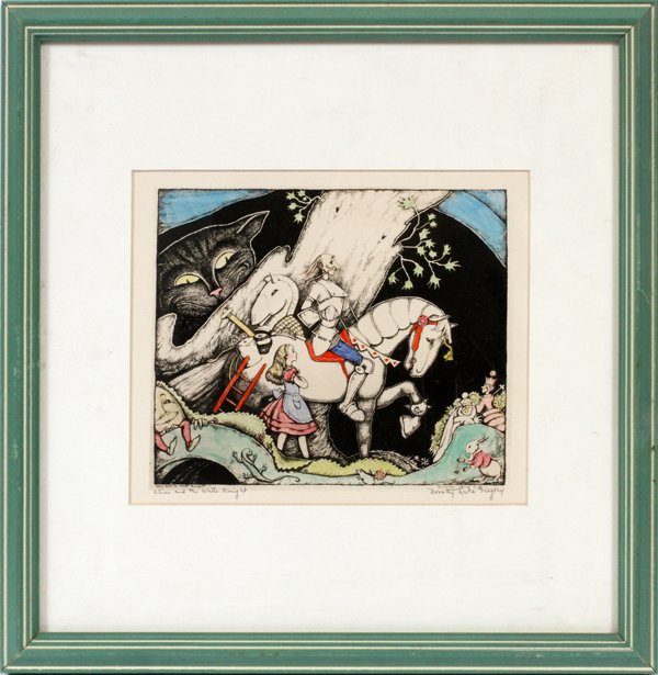 DOROTHY LAKE GREGORY LITHO, ALICE & WHITE KNIGHT: DOROTHY LAKE GREGORY [AMERICAN, 1893-1970], LITHOGRAPH, H 5 3/4" W 7", "ALICE AND THE WHITE KNIGHT":Dorothy Lake Gregory [American, 1893-1970]. Pencil signed lower right. Matted and framed under glass