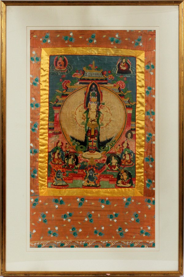 BUDDHIST HAND PAINTED THANGKA ON SILK TIBET: BUDDHIST HAND PAINTED THANGKA ON SILK, H 38", W 22", TIBET: Hand painted. Thousand hands Buddha. Watercolor on silk.