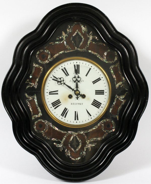 J.B.DOYEN- BELFORT FRENCH WALL CLOCK: J.B.DOYEN- BELFORT FRENCH WALL CLOCK, H 22":MOTHER OF PEARL INLAY AND BLACK EBONY CASE. H 22" D 5 1/2" W 18". 19th.c. Belfort (French pronunciation: ?[b?l.f??]) is a city in north-east France in the F