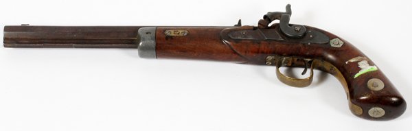 KENTUCKY STYLE PERCUSS CAP PISTOL OCTAGON BARREL: KENTUCKY STYLE, PERCUSSION CAP PISTOL, L 12" OCTAGONAL BARREL:Kentucky style percussion cap pistol, maple wood stock, silvered inlay star shape medallions, engraved hammer, brass trigger guard, void o