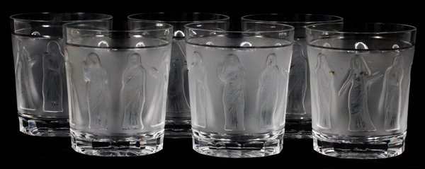 LALIQUE 'FEMMES ANTIQUES' GLASS TUMBLERS: LALIQUE 'FEMMES ANTIQUES' FROSTED & CLEAR GLASS TUMBLERS, SET OF SIX, H 4":Signed "Lalique France".