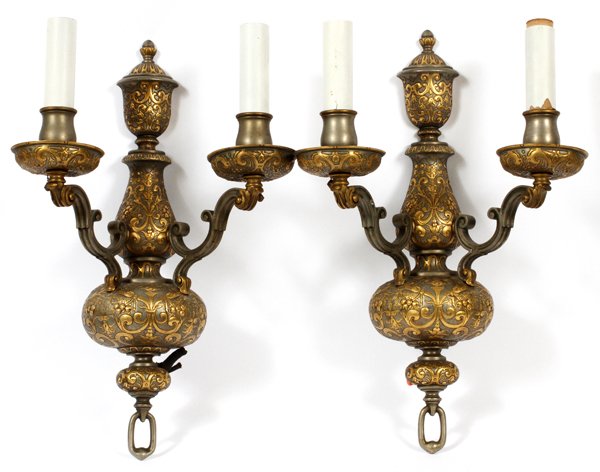 PEWTER & BRASS HAND-CHASED TWO-LIGHT SCONCES SIX: PEWTER & BRASS HAND-CHASED TWO-LIGHT SCONCES, SIX, H 22", W 13":Mates to preceding chandelier. Scrolling design, silver and gold coloring.