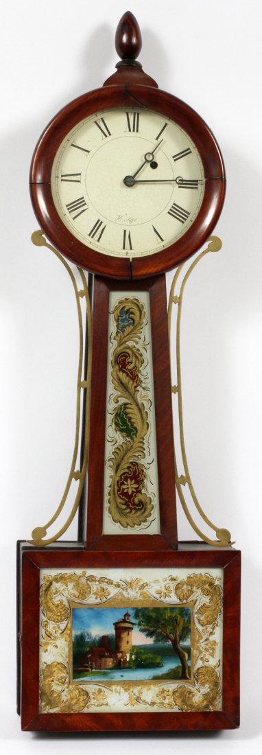 H. TIFFT MAHOGANY BANJO CLOCK: H. TIFFT, MAHOGANY BANJO CLOCK, H 32", W 10":Featuring reverse painted glass inset door and panel, with mill house scene. Roman numeral face. Measuring H. 32" x 10".