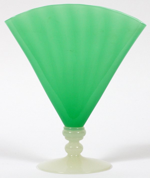 STEUBEN GREEN JADE & ALABASTER GLASS FAN VASE: STEUBEN GREEN JADE & ALABASTER GLASS FAN VASE, H 8 1/2", W 7'':Jade glass fan-form vase with subtle vertical ribbing and alabaster base, acid stamped signature.