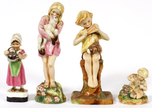 ROYAL WORCESTER PORCELAIN FIGURES FOUR: ROYAL WORCESTER PORCELAIN FIGURES, FOUR, H 3''-8'', ALL DAMAGED: Including ''Mischief by: F.G Doughty'', 2914. Polly ''Put the Kettle on'', 3303. ''Peter Pan Modelled by: F.Gertnel, 3011. ''Spring Mod