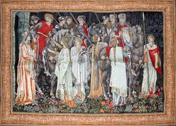 ENGLISH WOVEN TAPESTRY: ENGLISH WOVEN TAPESTRY, 32" X 46", 'THE DEPARTURE OF THE KNIGHTS':Reproduction of tapestry designed by William Morris [British, 1834-1896] and others, from the Holy Grail tapestry series at Stanmore H