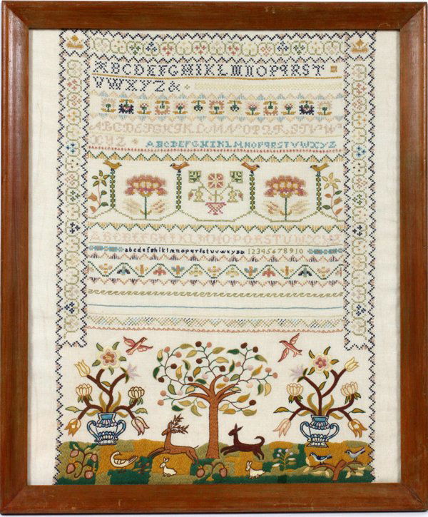 NEEDLEWORK SAMPLER ON LINEN EARLY 20TH C.: NEEDLEWORK SAMPLER ON LINEN, EARLY 20TH C., 22" X 16":Framed.