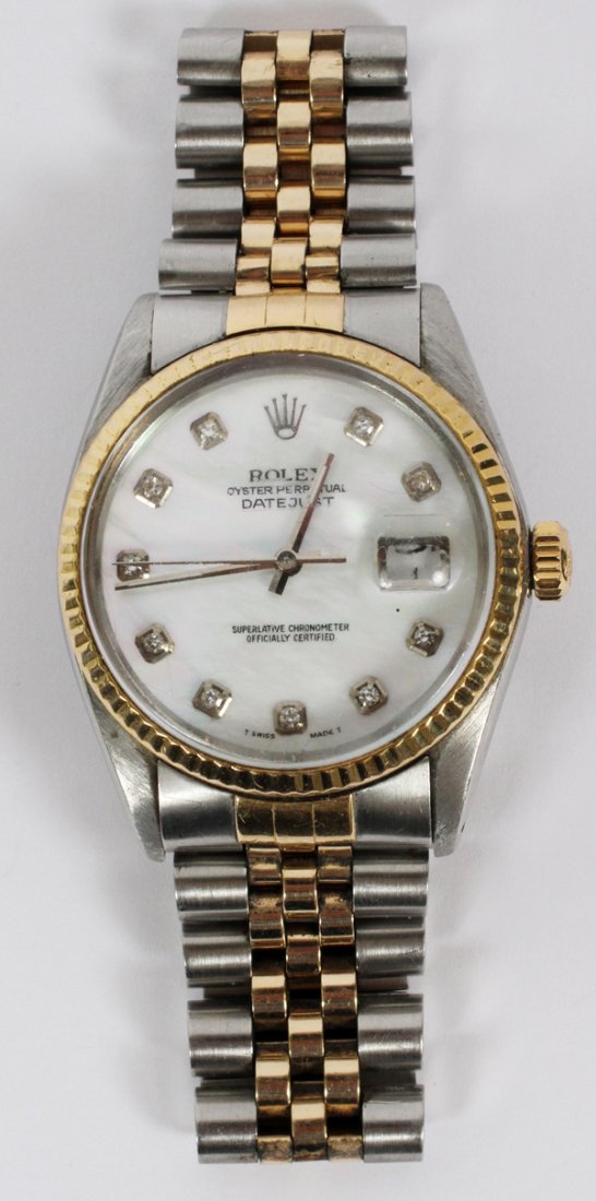 ROLEX OYSTER PERPETUAL STAINLESS GOLD WATCH: ROLEX OYSTER PERPETUAL DATE JUST STAINLESS AND GOLD WATCH:mother of pearl face with diamonds #455b
