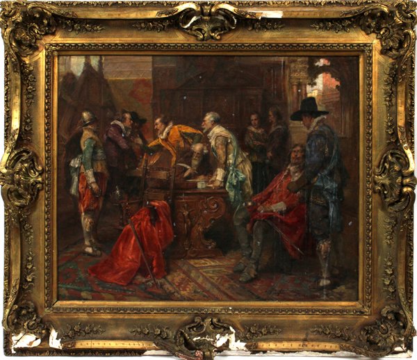 ALEX DE ANDREIS OIL, 1926 PARIS, CAVALIERS: ALEX DE ANDREIS, OIL ON CANVAS 1926, PARIS H 28" W 36" CAVALIERS:Interior scene of multiple cavaliers. Signed and dated "Paris, 1926". By inheritance from the Estate of Michael Murphy, Grosse Pointe,