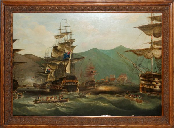 R. B. SPENCER OIL, C. 1860, BRITISH WARSHIPS: R. B. SPENCER, OIL ON CANVAS, C. 1860, H 33", W 46", BRITISH WARSHIPS:signed lower left. English warships viewed with French ship in distance. Carved wood 19th c. frame.
