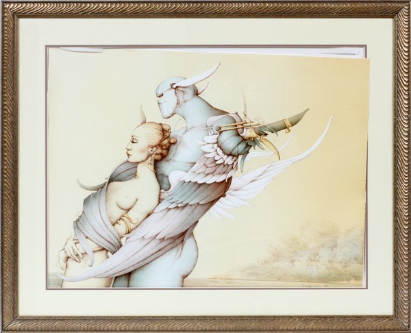 MICHAEL PARKES STONE LITHO "DIAMOND WARRIOR": MICHAEL PARKES [AMERICAN, B. 1944], STONE LITHOGRAPH, H 20" W 26" VIS, "DIAMOND WARRIOR" STELTMAN ED:Edition #89/250; Pencil signed lower right; having a "Steltman Editions, Amsterdam" watermark at th