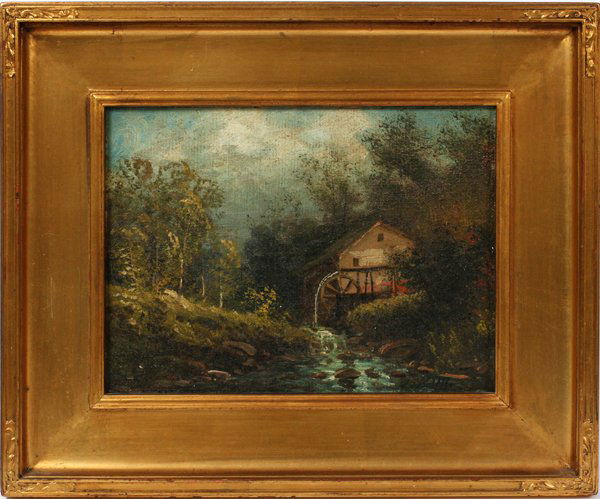 V. KING OIL ON CANVAS C 1920, OLD MILL SCENE: V. KING, OIL ON CANVAS, C 1920 H 9" W 11 1/2", OLD MILL SCENE:Signed lower right. Depicting a forested landscape with a mill house on the right. Original period frame. Circa 1920. Quality frame.