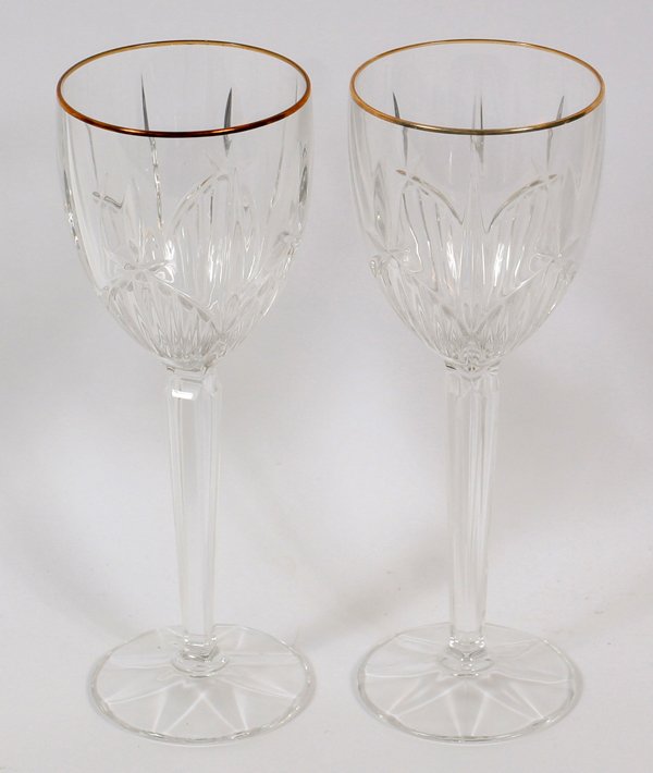 NORITAKE GLASS GOLD RIM WINE GOBLETS, SET OF 11: NORITAKE GLASS, GOLD RIM WINE GOBLETS, SET OF 11, H 9": Having pressed glass decoration.