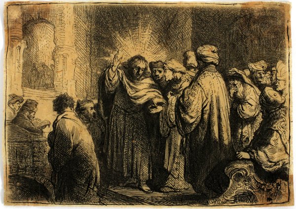AFTER REMBRANDT INTAGLIO PRINT, THE TRIBUTE MONEY: AFTER REMBRANDT, INTAGLIO PRINT, H 2 3/4", W 4", "THE TRIBUTE MONEY":Photogravure or late printed etching on what appears to be rice paper. Unframed. Marked on mount, "From the Ridge Coll."; Gordon Ga