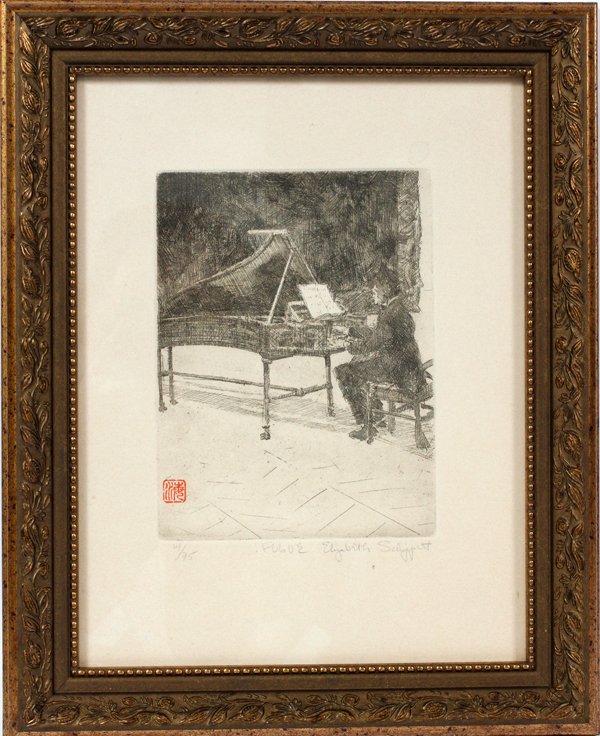 ELIZABETH SCHIPPERT ETCHING ON PAPER, "FUGUE": ELIZABETH SCHIPPERT, ETCHING ON PAPER, H 8" W 6", "FUGUE":Elizabeth Schippert [American]. Pencil signed lower right. Edition #14/75. Depicting a man playing the piano. Framed.