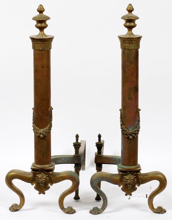 FRENCH BRONZE AND BRASS ANDIRONS PAIR: FRENCH BRONZE AND BRASS ANDIRONS, PAIR, H 25", W 9":pair of gilt bronze and brass andirons with vase finials, gilt metal shafts with bronze floral adornments, bronze lion masks at the center of serpen