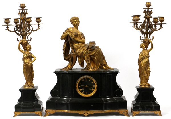 FRENCH GILT BRONZE & MARBLE CLOCK GARNITURE SET: FRENCH GILT BRONZE & MARBLE CLOCK GARNITURE, SET OF THREE PIECES:Set includes 1 mantel clock, stamped at interior " Dugol, Atre Fabt, Paris", and 2 five-light candelabra, H.24 1/2"; all featuring clas