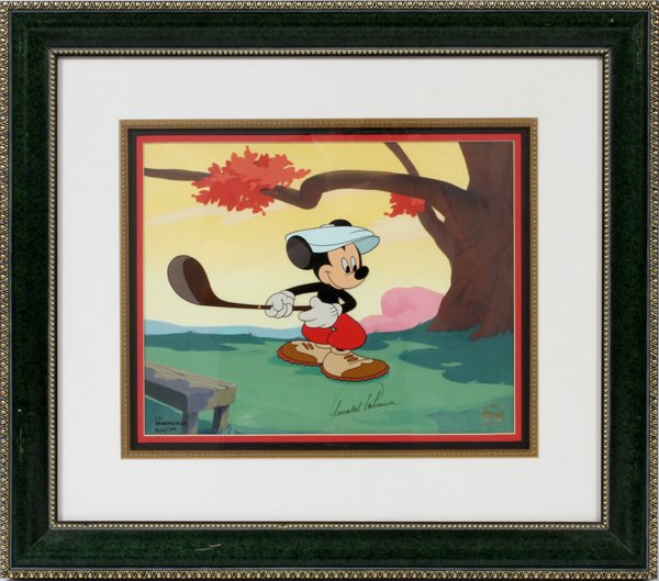 A. PALMER DISNEY ANIMATION CEL, MICKEY MOUSE GOLF: ARNOLD PALMER SIGNED, WALT DISNEY ANIMATION CEL, H 9", W 12", MICKEY MOUSE "A SWELL DAY FOR GOLF":Edition #1/1. Drawing #68. Signed, "Arnold Palmer", lower middle of art work. PLM/K&H. Disney certific