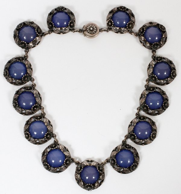 DANISH DENMARK ROSE BLOSSOM STERLING NECKLACENiels Erik: DANISH DENMARK, MID CENTURY MODERN ROSE BLOSSOM STERLING SILVER NECKLACE, C. 1950: Signed Niels Erik From early work necklace. It is intricately crafted and consists of 13 cabochons, each set with a f