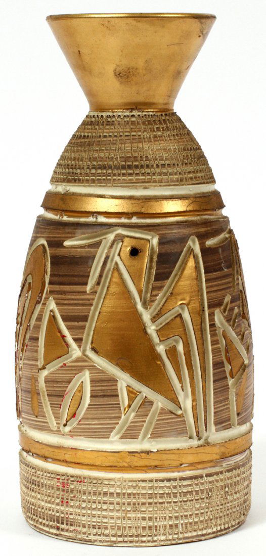 RAYMOR CARVED BITOSSI STYLE ART POTTERY VASE: RAYMOR CARVED BITOSSI STYLE ART POTTERY VASE, H 10", DIA 5":flared neck to the rim, having incised and carved stylized designs of birds on the sides; stamped: "Made In Italy" on the underside.