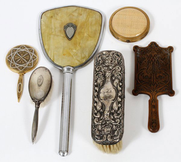 DRESSER SET HAND MIRRORS BRUSHES ETC. 6 PCS: DRESSER SET, HAND MIRRORS, BRUSHES, ETC., 6 PCS:One large Sterling silver, clothes brush, one small hair brush, one large hand mirror, one small hand mirror, one small compact, and one rectangular han
