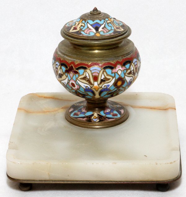 FRENCH CHAMPLEVÉ & ONYX INKWELL C. 1900 SQUARE: FRENCH CHAMPLEVÉ & ONYX INKWELL, C. 1900, H 4", W 4 1/2" SQUARE:Champlevé enamel on bronze. Made in France.