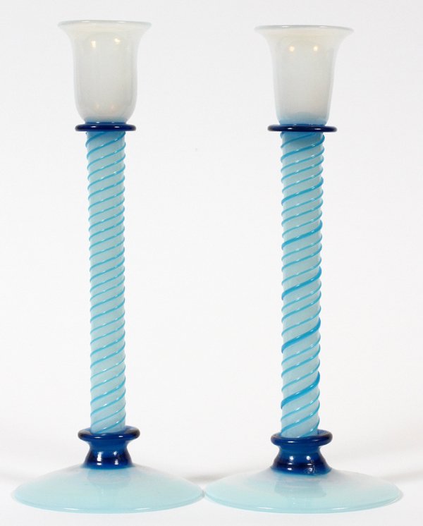 BLUE OPALESCENT GLASS CANDLESTICKS ATTRIBUTED FRY: BLUE & OPALESCENT GLASS CANDLESTICKS ATTRIBUTED TO FRY, PAIR, H 10 1/2":Hand blown opalescent glass with bright blue threading and spools. No apparent markings.