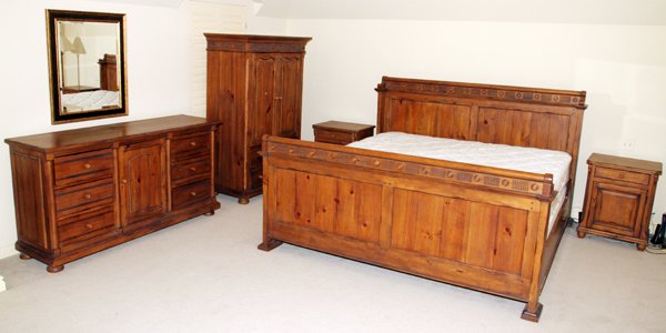 DREXEL COUNTRY FRENCH STYLE BEDROOM SUITE: DREXEL COUNTRY FRENCH STYLE BEDROOM SUITE, FIVE PIECES:Including a king size bed, two night stands H 28", L 23, D 17", a nine-drawer dresser H 35", L 67", D 20 and an entertainment center H 65", L 42"