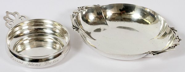 CELLINI CRAFT STERLING DISH AND LUNT PORRINGER: CELLINI CRAFT STERLING DISH, L 7", & LUNT STERLING PORRINGER:Including 1 Cellini Craft sterling silver dish, lobed shape flanked by handles, lightly hammered finish, stamped "Cellini Craft/ Hand wroug