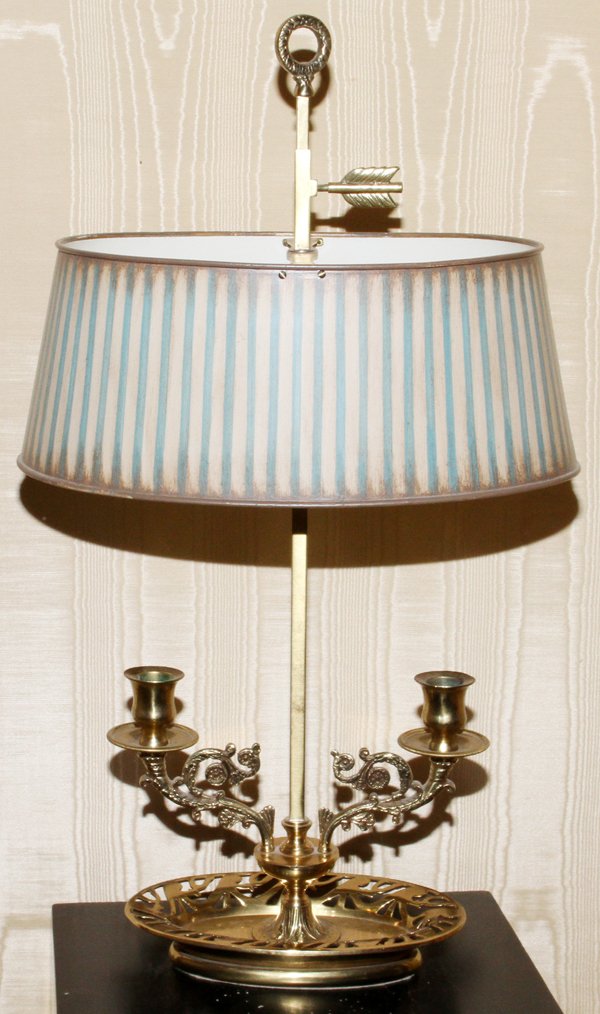 FRENCH BRASS BOUILLOTE LAMP W/ TOLE SHADE: FRENCH BRASS BOUILLOTE LAMP WITH TOLE SHADE, H 23", W 13":Adjustable height. Two candle arms. Tole shade in pale blue and cream color.