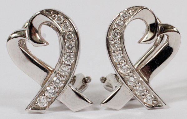 PALOMA PICASSO/TIFFANY & CO DIAMOND HEART EARRINGS: PALOMA PICASSO FOR TIFFANY & CO. 18KT WHITE GOLD & DIAMOND HEART EARRINGS, PAIR, L 5/8":Each is stamped on the reverse. Totaling approximately 5 grams.