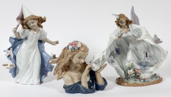 FARINELLI PORCELAIN FIGURES THREE: FARINELLI PORCELAIN FIGURES, THREE, H 9"-15":Including 1 princess with wand, H.14 3/4", 1 girl holding a dove, H.8 3/4", and 1 fairy, H.13".