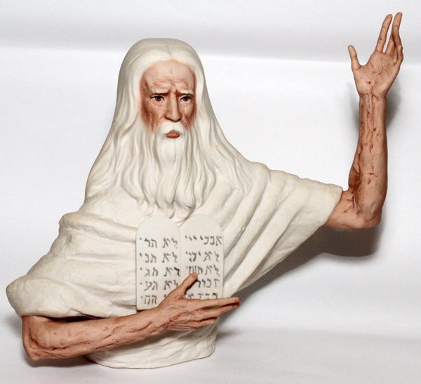 LASZLO ISPANKY BISQUE FIGURE OF MOSES: LASZLO ISPANKY BISQUE FIGURE OF MOSES, H 12":Stamped at underside, edition #1/400. Bisque figure of Moses holding the 10 Commandments. Measures H. 12" x 12 3/4".