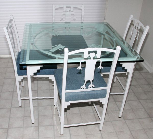 DOUG WEIGEL CHAIRS: DOUG WEIGEL (1960-), 'PETROGLYPH' ENAMELED STEEL DINING TABLE & SET OF (4) CHAIRS,:Enameled steel dining table base with glass top. Five items total. Doug Weigel, Scottsdale artist, born 1960.