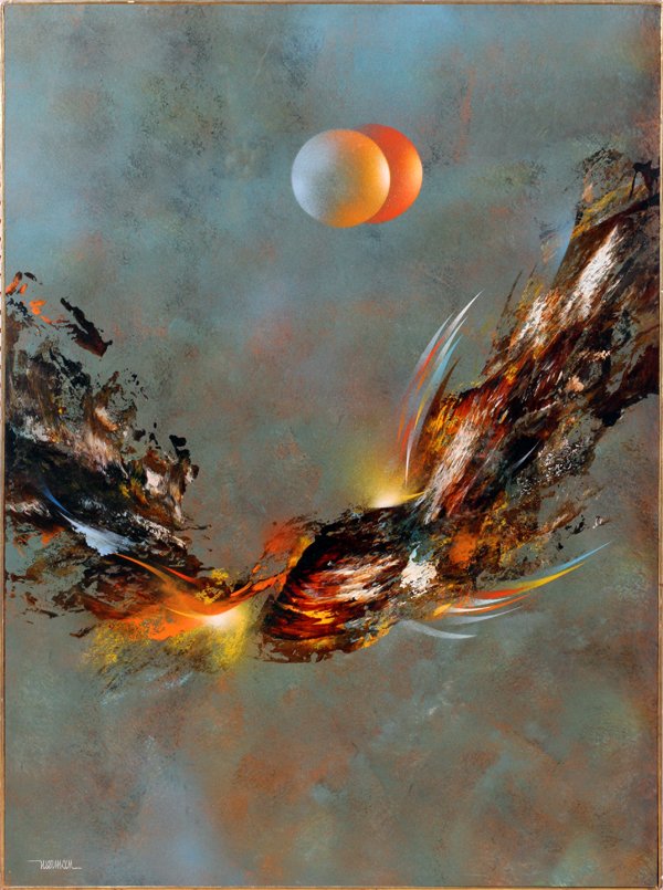 LEONARDO NIERMAN OIL ON BOARD: LEONARDO NIERMAN (MEXICAN, B. 1932), OIL ON BOARD, H 48", W 35, "VOELOXAL SOL":48" x 35 1/2". Signed lower left. "Voeloxal Sol" and "Flight to the Sun" on verso. This painting is from a selection of t