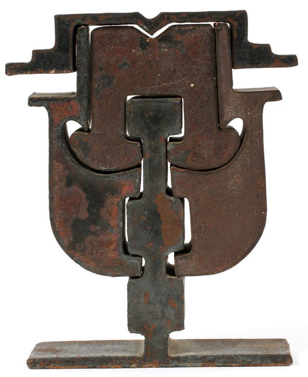 MARK DI SUVERO IRON SCULPTURE, UNTITLED: MARK DI SUVERO (AMERICAN B. 1933), IRON SCULPTURE, H 10", W 8", UNTITLED:Iron Puzzle sculpture. Signed under topmost piece. Purchased in 1974 from Douglas Kenyon Inc., 230 East Ohio Street, Chicago fo