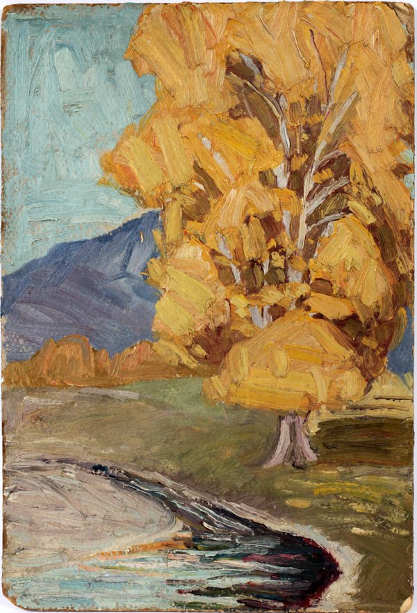 ATTRIBUTED TO BIRGER SANDZÉN OIL ON MASONITE 1920: ATTRIBUTED TO BIRGER SANDZÉN OIL ON MASONITE, 1920, H 12", L 8.25", FALL LANDSCAPE:Birger Sandzén [Sweden 1987-1954]. A Fall landscape depicting a tree next to a stream with hills in the background.