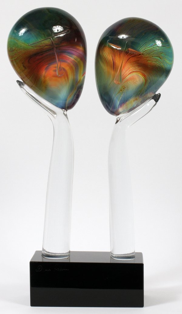 DINO ROSIN ART GLASS SCULPTURE: DINO ROSIN (ITALIAN, 1948-), ART GLASS SCULPTURE, H 24":Two faces; signed.