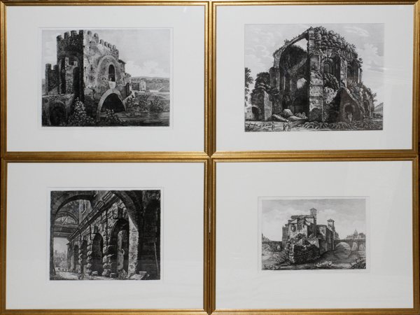 LUIGI ROSSINI ETCHINGS 4, FROM "VEDUTE DI ROMA": LUIGI ROSSINI, ETCHINGS, 4, FROM 12" X 18" TO 19" X 24", FROM "VEDUTE DI ROMA":Plates: T.415, 1820, "Veduta dell' Isola Tiberina"; T.89, 1821, "Buttressed Archway Avansi della ___"; T.18, 1822, "Ponte