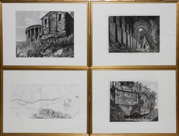 LUIGI ROSSINI ETCHINGS "LE ANTICHIT DEI CONTORNI": LUIGI ROSSINI, ETCHINGS, 4, 15" X 21" TO 19" X 23", FROM "LE ANTICHIT DEI CONTORNI":Plates: T.62, 1825; "Offsrfom" architectural layout; T.59, 1826, "Villa d' Domiziano in Abano"; temple on a hill; ea