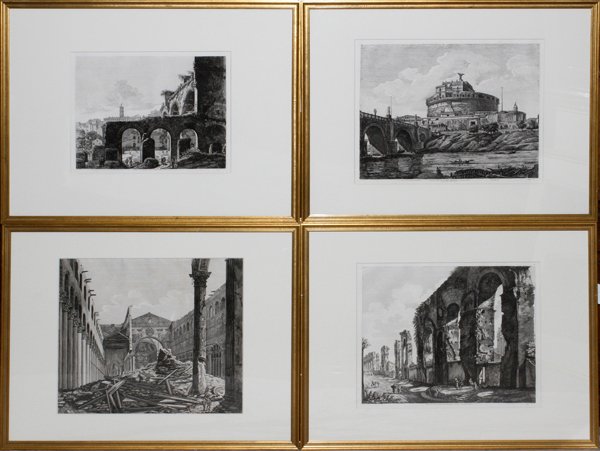 LUIGI ROSSINI ETCHINGS 4 FROM "VEDUTE DI ROMA": LUIGI ROSSINI, ETCHINGS, 4, 14" X 18" TO 19" X 22", FROM "VEDUTE DI ROMA":Plates: T.29, 1823, "Grandi Avanzi ___"; basilica ruins; T.72, 1821, "Tempio della Pace"; T.48, 1821, "Gran Mole Adriana"; eac
