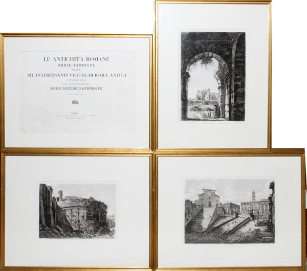 LUIGI ROSSINI ETCHINGS 4 FROM "VEDUTE DI ROMA": LUIGI ROSSINI, ETCHINGS, 4, 13" X 18" TO 19" X 27", FROM "VEDUTE DI ROMA":Plates: 1829, frontispiece; T.78, 1822, "Ingresso"; T.30, 1822, "Anfiteatro Castreuse"; T.59, 1823, "Campidoglio Romano"; each