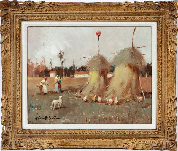 JUAN GIRALT LERIN OIL, LANDSCAPE FAMILY HAYSTACKS: JUAN GIRALT LERIN (SPANISH B. 1907), OIL ON BOARD, LANDSCAPE WITH FAMILY AND HAYSTACKS, 10" X 13": Signed lower left; gilt frame; purchased from De Grimme Gallery, Grosse Pointe, MI.