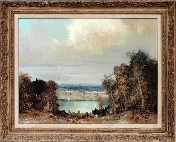 WILLI BAUER OIL ON CANVAS, SEASCAPE: WILLI BAUER OIL ON CANVAS H 24", L 30", SEASCAPE:A Fall seascape/landscape with a cottage on the shore of a lake in the foreground and a lake in the background. Signed and framed. Burger label and art