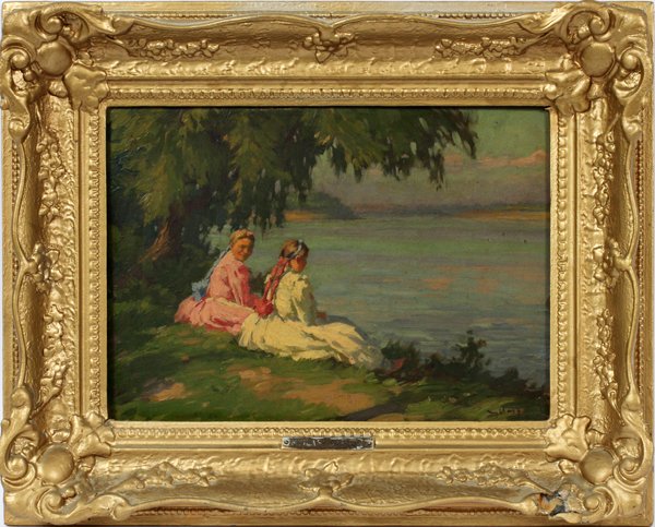 SANDOR NYILASY OIL ON BOARD, TWO GIRLS BY RIVER: SANDOR NYILASY [HUNGARIAN, 1873-1934], OIL ON BOARD, H 9 1/2" W 13 1/4", TWO GIRLS BY THE RIVER:Sandor Nyilasy [Hungarian, 1873, 1934]. Signed lower right, depicting two seated girls along the riversi