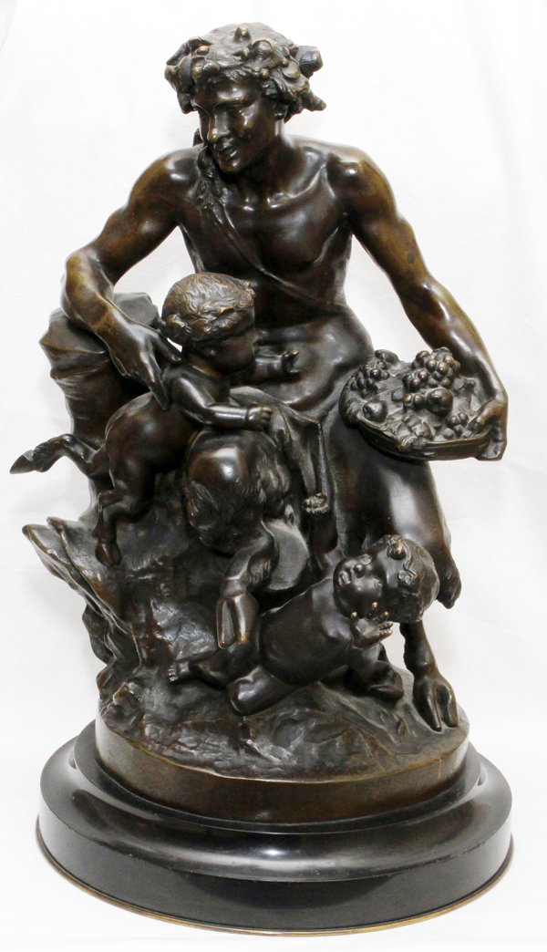 AFTER CLODION BRONZE SCULPTURE, MALE SATYR GROUP: AFTER CLODION, BRONZE SCULPTURE, H 20", W 13" MALE SATYR GROUP:Mounted on a marble base, H.22 1/2" overall. After Claude Michel Clodion.