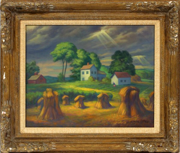 EDWARD FERGUSON OIL FARM SCENE W/ STORMY SKY 1953: EDWARD FERGUSON, OIL ON CANVAS, 1953, H 16", W 20", "FARM SCENE WITH STORMY SKY":Framed. From the estate of the artist via a friend of the artist.