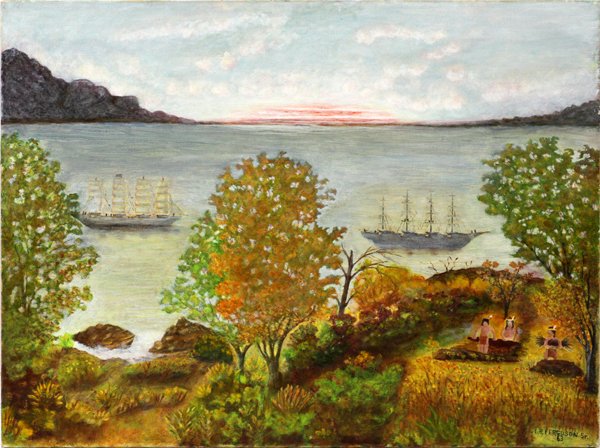 EDWARD FERGUSON OIL 1963 PRIMITIVE LANDSCAPE: EDWARD FERGUSON, OIL ON CANVAS, 1963, H 18", W 24", PRIMITIVE LANDSCAPE WITH INDIANS & TALL SHIPS:Unframed. E. R. Ferguson Jr.