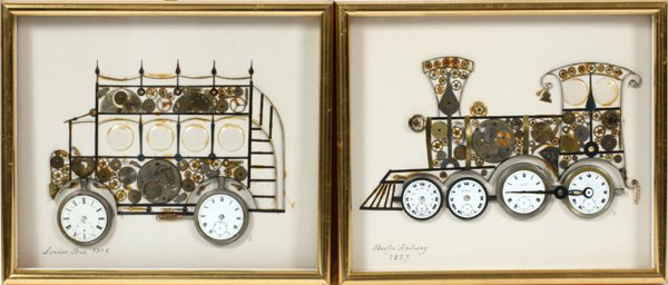 L. KERSH HORLOGIQUES COLLAGES HYDE PARK LONDON: L. KERSH, HORLOGIQUES COLLAGES, HYDE PARK LONDON, C. 1970, PAIR, H 7", 6" W 9", 11":One is London Bus 1918. Pacific Railway, 1857. Dated 1970. The bus picture measures, 7" X 9" image. The train image 