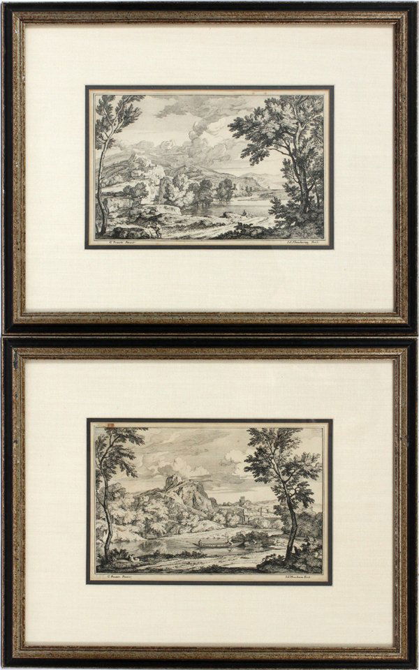 AFTER GASPARD POUSSIN ETCHINGS SUMMER LANDSCAPES: AFTER GASPARD POUSSIN ETCHINGS, TWO, H 6", L 9.5" SUMMER LANDSCAPES:Printed by Isaac de Moucheron. A landscape with two rowing boats on a lake with a mountain and city beyond and a landscape with two